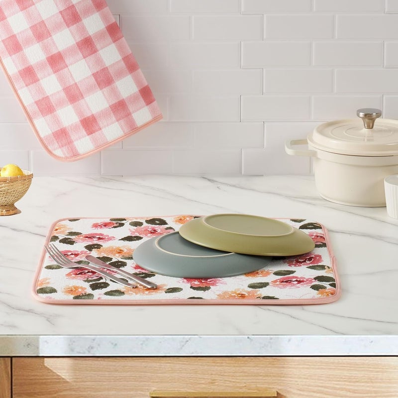 Fresh Mint Printed Dish Drying Mats for Kitchen Counter 2 Pack Absorbent Reversible Drying Mats Microfiber Kitchen Countertop Protector Dishes Drying Pad Extra Large 18"x16" Dish Mat (Floral) - Image 2